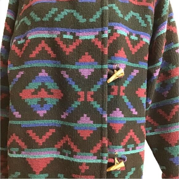 Woolrich Black Longline Aztec Print Hooded Overcoat Size Medium Made In USA - Picture 8 of 13